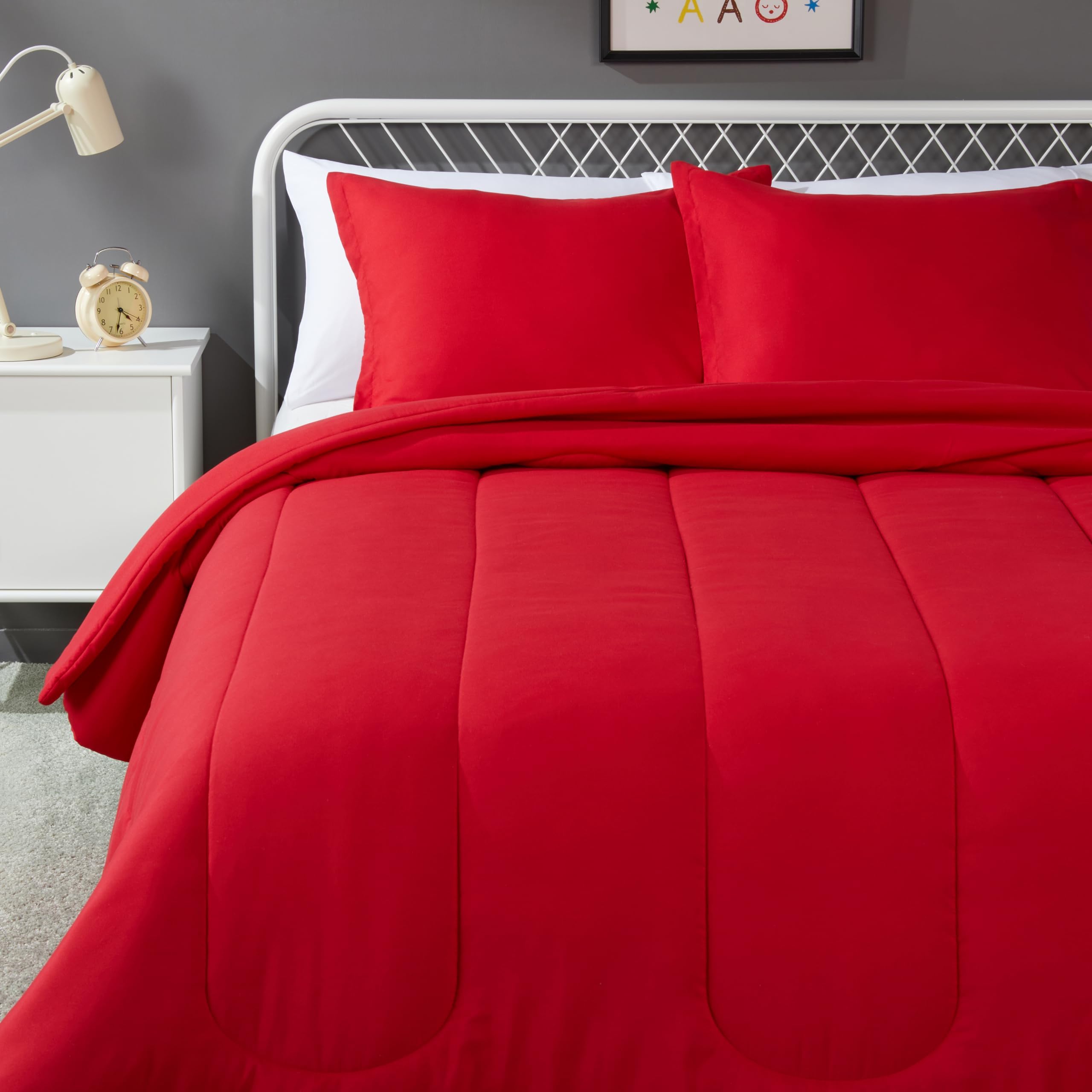 Photo 1 of Amazon Basics 3-Piece Soft Microfiber Kids' Comforter and Pillow Sham Set, Full/Queen, Red, Solid