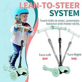 BELEEV A1 Scooter for Kids Ages 2-6, 3 Wheel Scooter for Toddlers Girls Boys, PU Light-Up Wheels, 4 Adjustable Height, Lean to Steer, Non-Slip Deck, Three Wheel Kick Scooter for Children (Mint Green)
