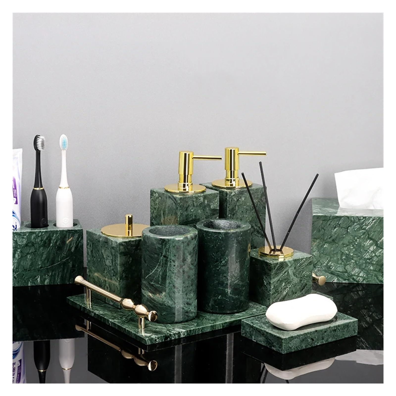 Set Bagno Accessori da bagno in marmo verde | Set di scatole for fazzoletti portaspazzolino con dispenser di sapone retrò(Cotton swab can B)