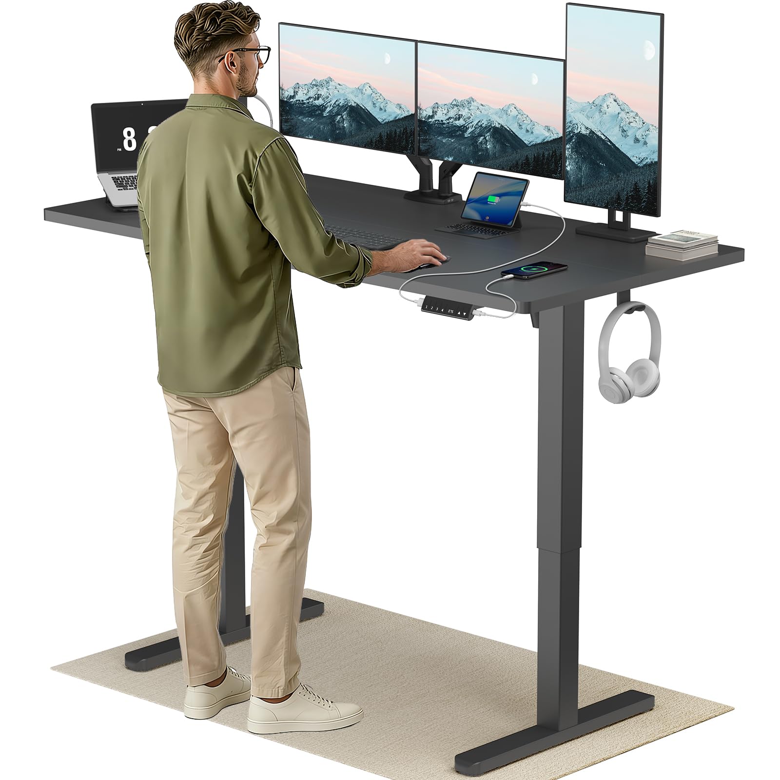 HUANUO Bureau Debout 160 x 80 cm avec Port de Charge USB-C et USB-A, Hauteur réglable de 72 à 118 cm, 4 préréglages de mémoire, Gestion des câbles et Crochet