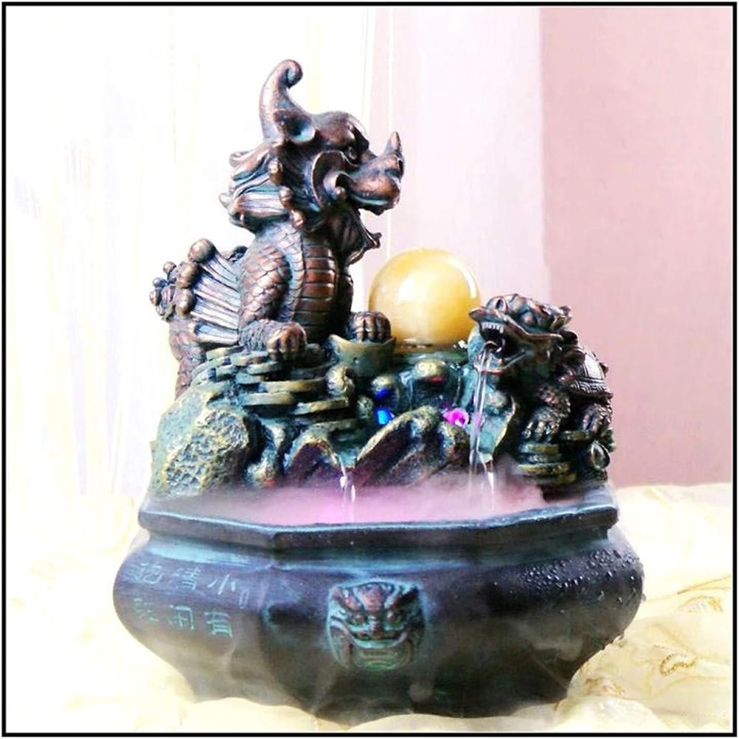 Tabletop Fountain Tabletop Fountain Chinese-Style Lucky Beast Feng Shui Decorative Fountain with Crystal Ball, Bringing You Good Luck, Resin, Bronze Appearance Desktop Fountain