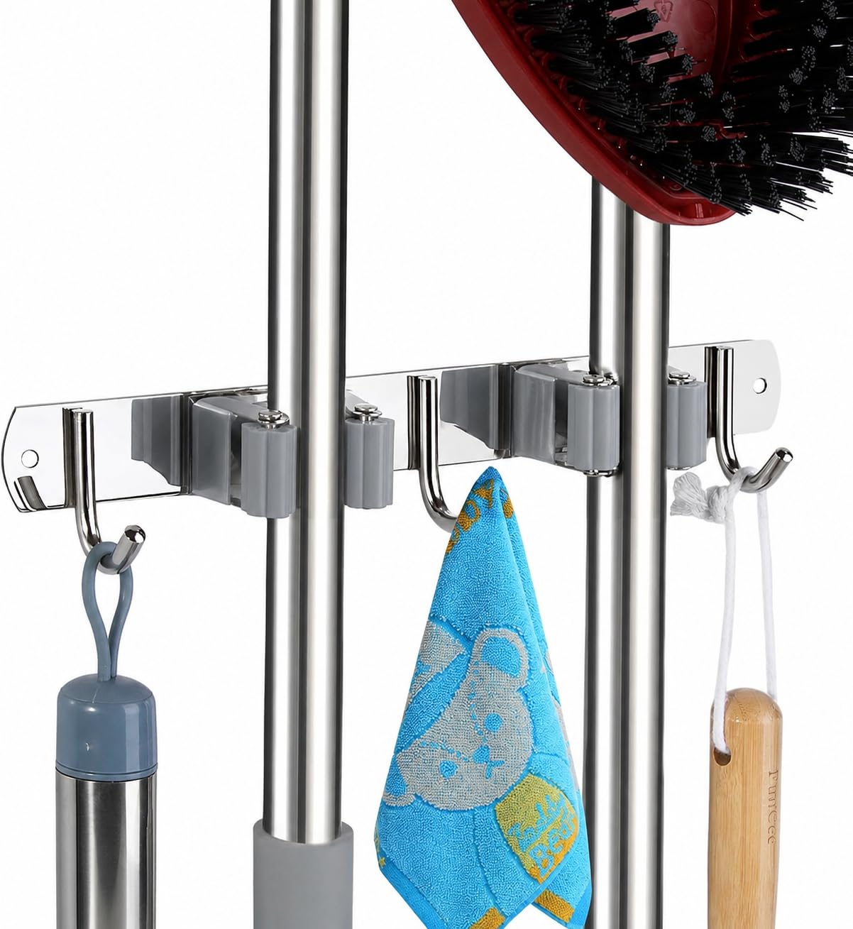 Stainless Steel Mop & Broom Holder - 3 Slots & 4 Hooks -9