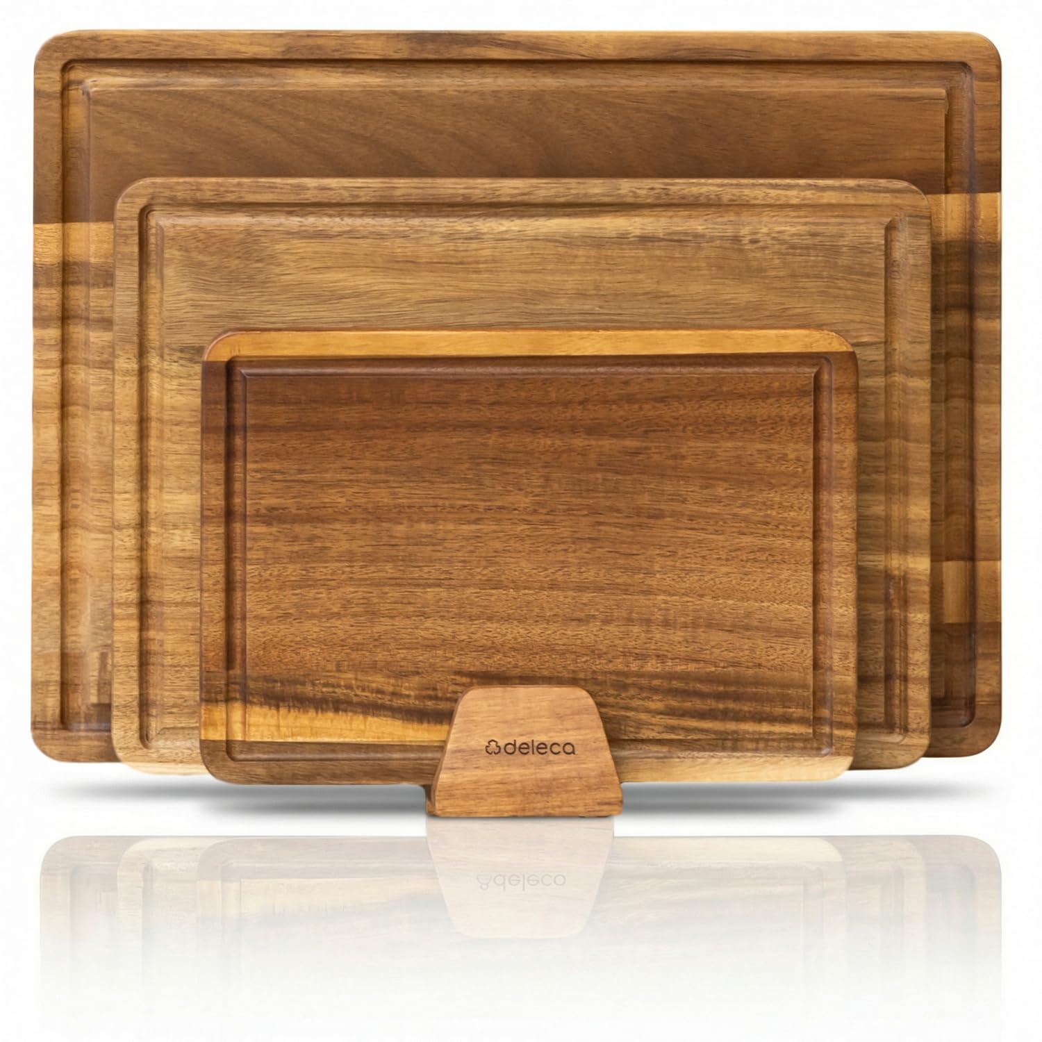 Schneidebrett Holz 3er Set mit Ständer (40x30, 33x24, 26x18 cm) - FSC Akazienholz Schneidebrett massiv 2.5 cm dick mit Saftrille - Acacia Holz Küchenbrett Set groß klein