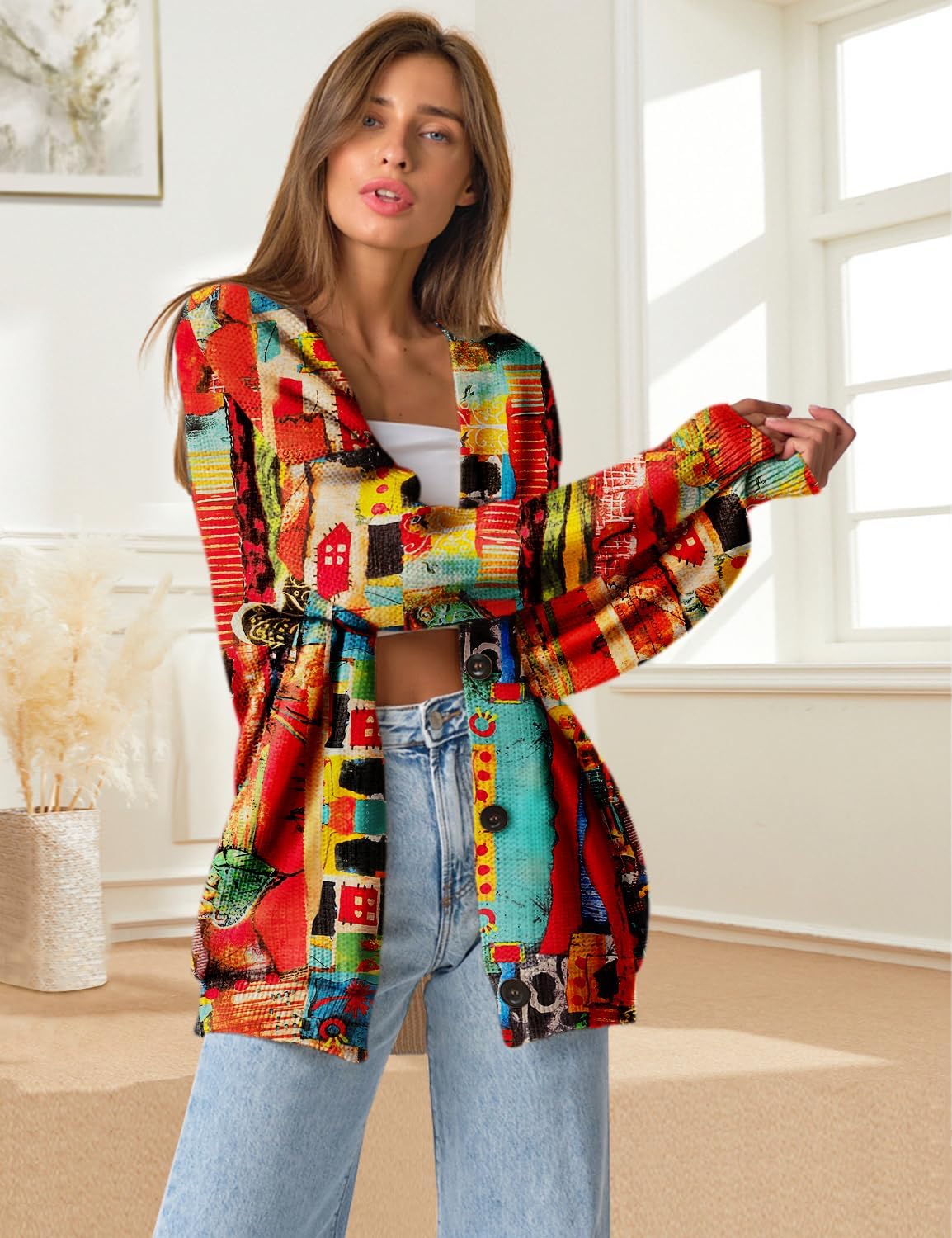 YESNO Women's Fall V-Neck Cardigan Sweaters Casual Graphic Oversized Open Front Button Down Long Sleeves Knit Tops SCV - Image 2