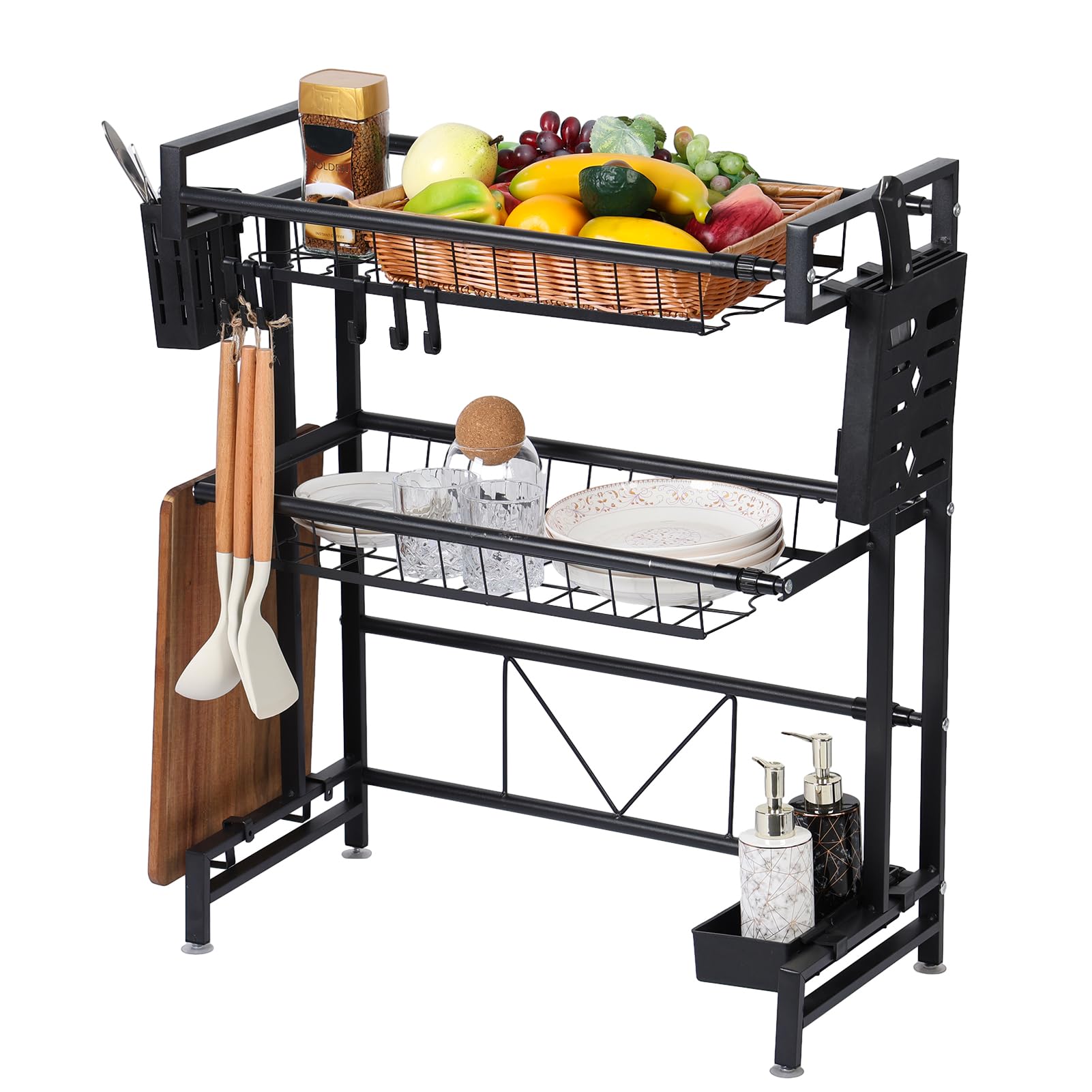 Fiakoais Black Over The Sink Dish Drying Rack, 2 Tier Over Sink Drainer Rack, Adjustable Expandable Dish Drying Rack, Above Sink Storage Shelf For Kitchen Counter Organisation (Black)