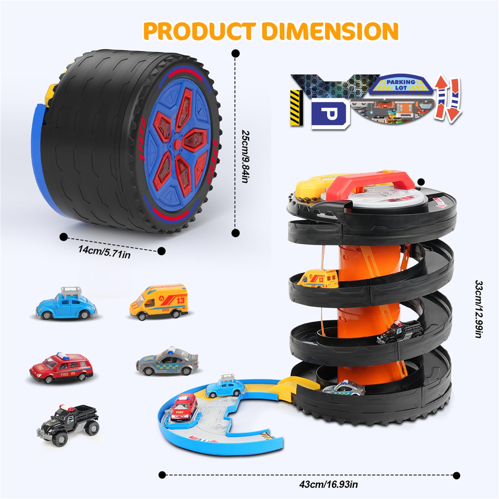 VATOS Set di piste da corsa per auto giocattolo, 2 in 1, pieghevoli, torre per bambini con 5 auto da corsa, gioco con ruota rotante con luci e suoni, giocattoli per auto regalo per bambini e bambine