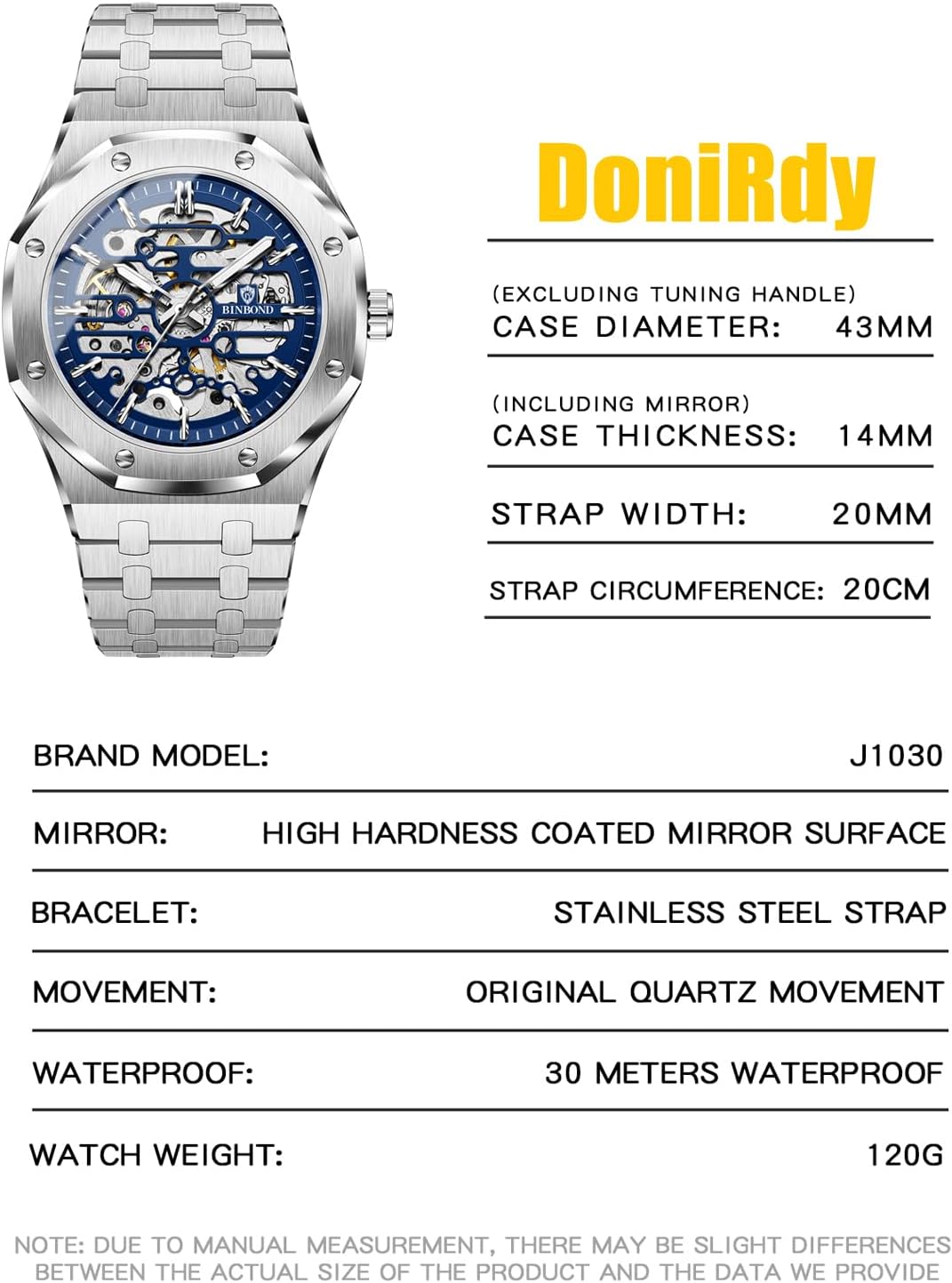 Men's Automatic Watch Skeleton Dial, 43mm Luminous Hands, Stainless Steel Bracelet, 30M Water Resistant Mechanical Wristwatch for Men - Image 5