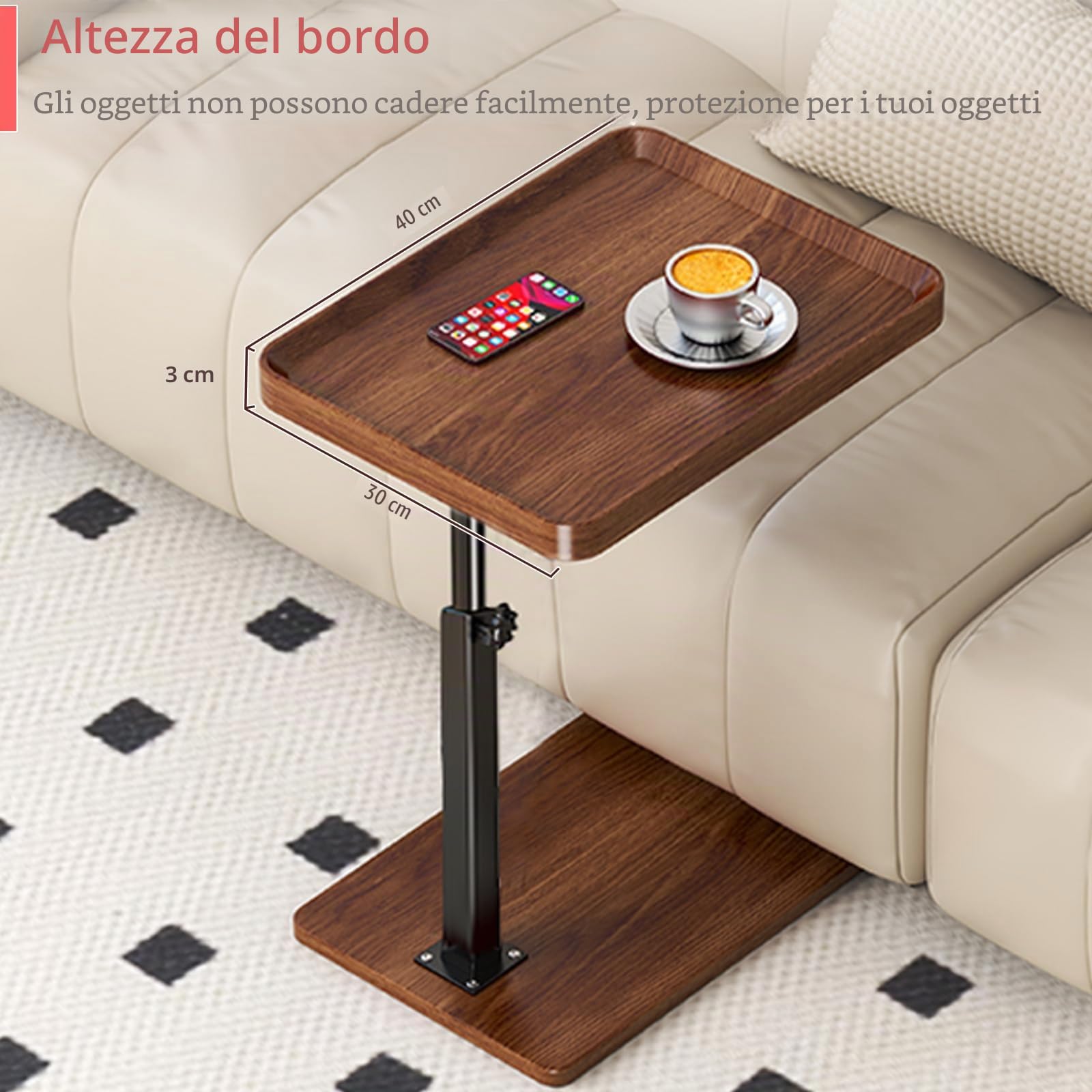 Tavolino laterale regolabile in altezza a forma di C, in legno, girevole a 360°, per divano letto, soggiorno, laptop, caffè su ruote