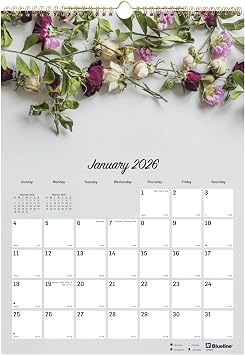 Blueline 2026 Colorful Monthly Wall Calendar, 12 Months, January to December, Gold Twin-Wire Binding, 12" x 17", Romantic C173122-26
