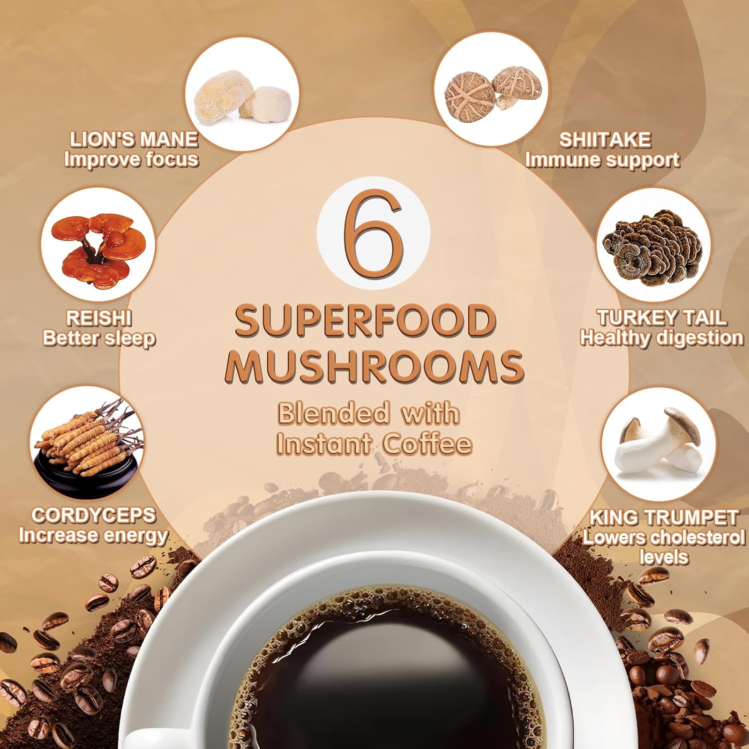 Mushroom Coffee, 6 Adaptogenic Mushrooms with Lion's Mane, Cordyceps, Turkey Tail & More, Instant Mushroom Coffee for Focus, Energy, Immune & Digestion Support - Image 3