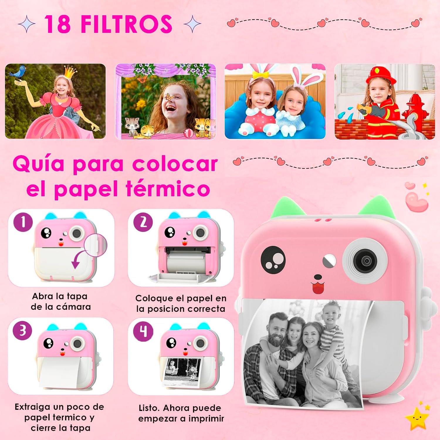 Cámara de Fotos Infantil, Cámara de Fotos Instantánea, Camara de Fotos Instantaneas Con 11 Rollos de Papel, Camara Fotos Instantaneas, Cámara Instantánea Para Niños, Camara Instanea Recargable