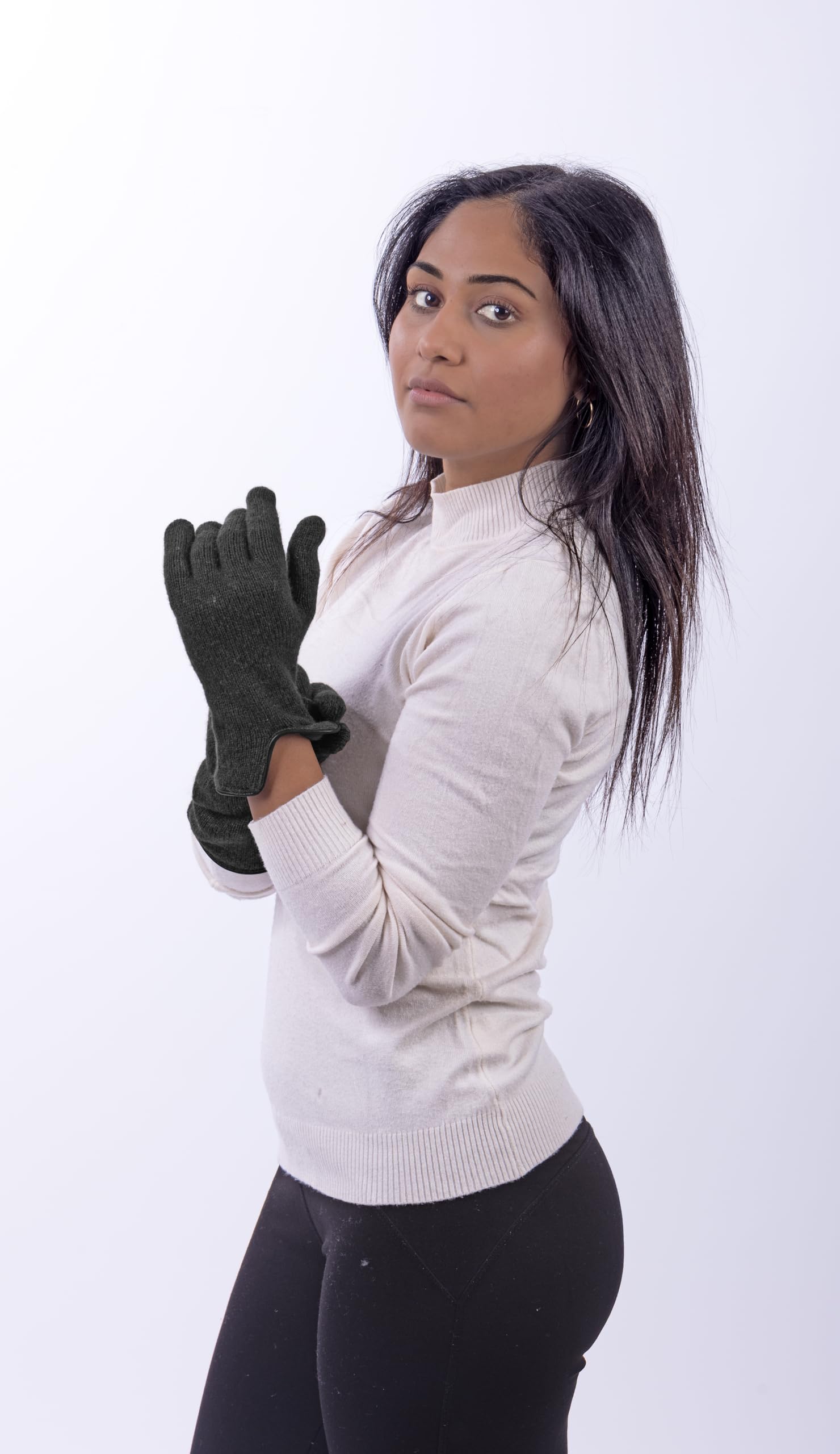 Gants en laine doublés en cachemire avec bords en cuir - Femme - Artisanat - Made in Italy, Noir , Taille unique