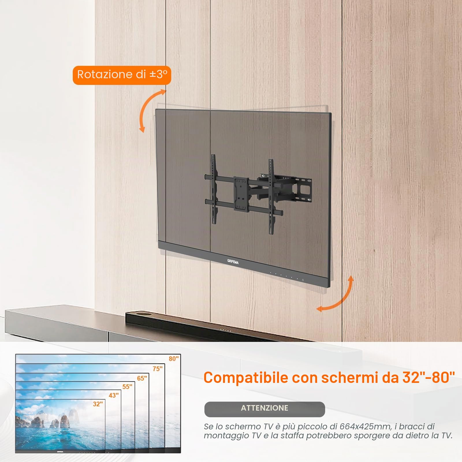 GRIFEMA Supporto da parete per TV da 32 a 80 pollici | Per TV piatti e curvi, fino a 60 kg, orientabile, inclinabile, max VESA 600x400mm