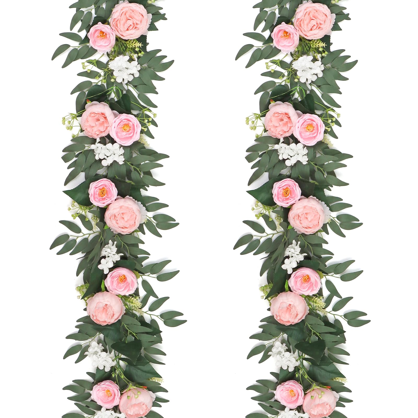 Künstliche Blumen Girlande Eukalyptus Girlande Vintage Gefälschte Blume Pfingstrose Rosenrebe Grün Dekorative Wandbehangpflanze für Hochzeitsbogen Türanordnung Party (4 Girlande, Hellrosa)