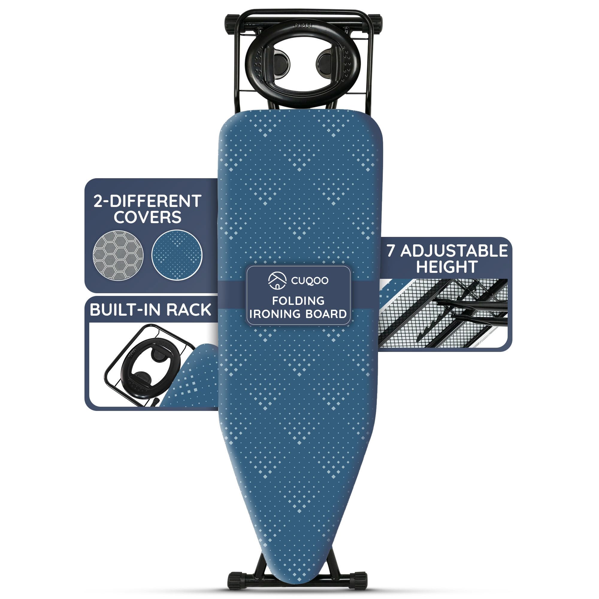 CUQOO Folding Ironing Board – 122x38cm, Adjustable Height (74-91cm), Durable with Safety Lock & Anti-Skid Feet, Includes Silicone Iron Rest & 2 Stylish Covers