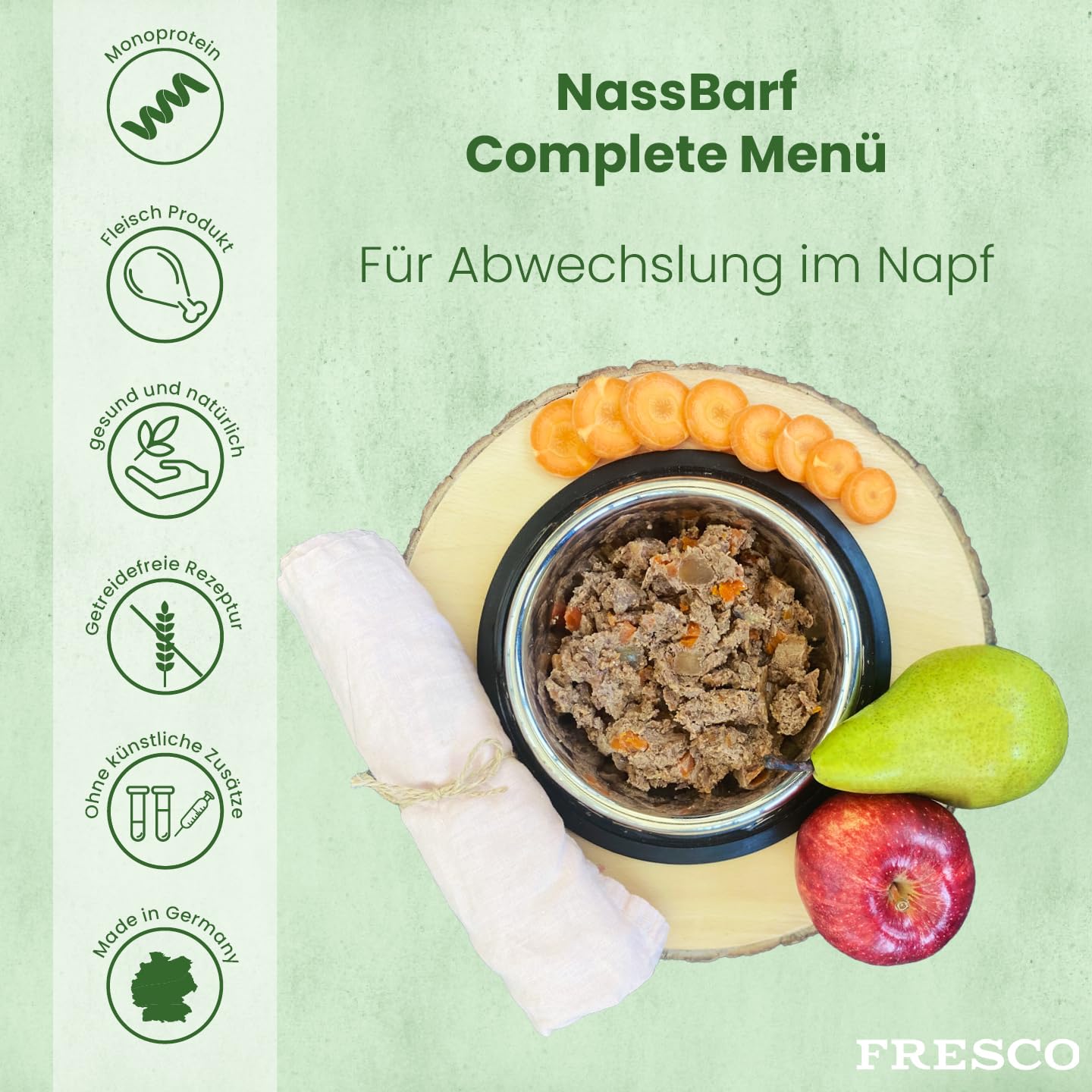 FRESCO Dog NassBarf Hirsch mit Zucchini, Amaranth & Rote Beete 12 x 400g | Hundefutter Nass getreidefrei | Mono-Protein & 75% Frischfleisch | Barf Nassfutter für Hunde ohne künstliche Zusätze