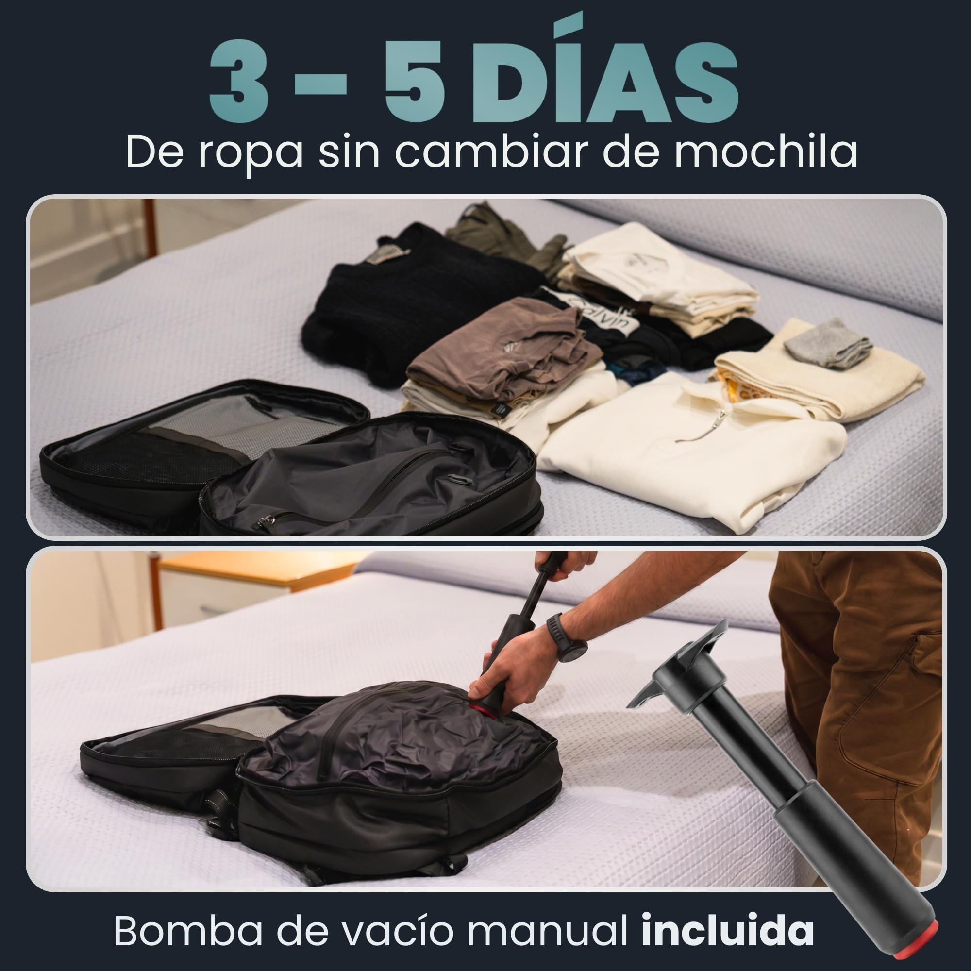 Mochila cabina al vacio 40x30x20 con bomba – Evita pagar equipaje: comprime tu ropa. Ideal para Ryanair y vuelos low-cost en escapadas de 3 a 5 días. Mochila de viaje premium con sistema de compresion