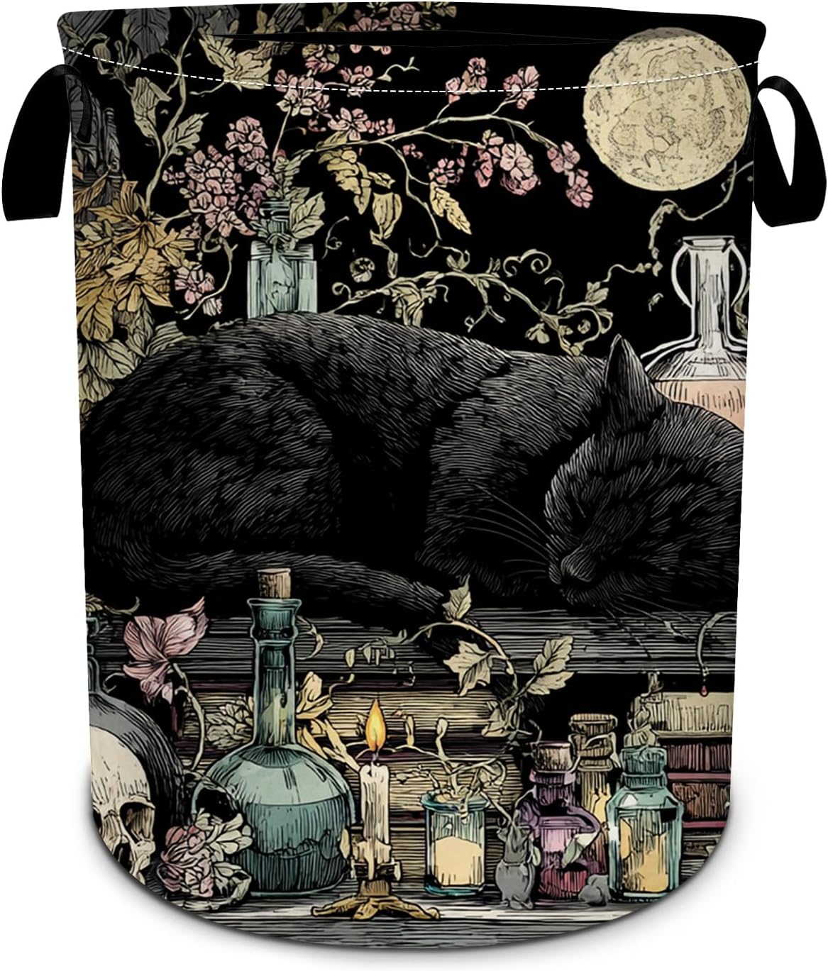 Black Cat Bookshelf Laundry Basket Collapsible Oxford Cloth Laundry Hamper with Handle Waterproof Clothes for Dorm Bathroom Bedroom 15.7 X 20 Inch