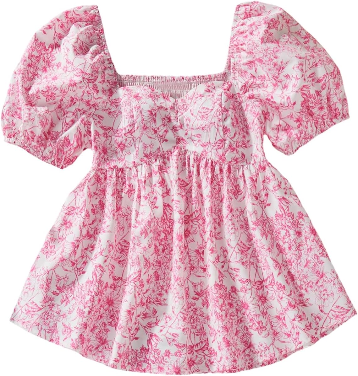 Girl's Floral Puff Sleeve Smocked Blouses Shirts Sweetheart Neck Babydoll Peplum Top