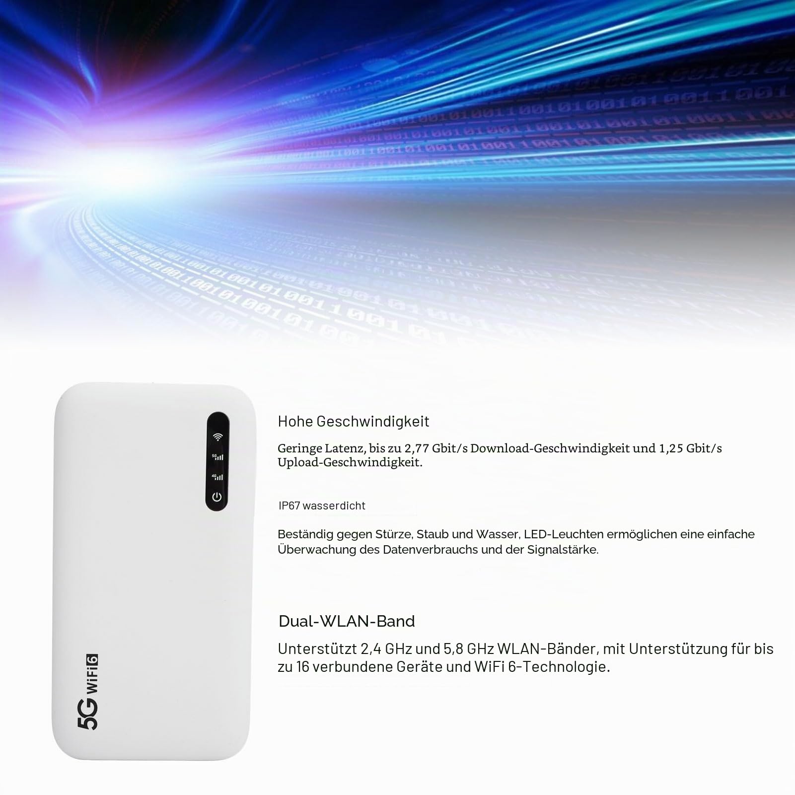 Mobiler 5G-WLAN-Hotspot-Router, Hochgeschwindigkeitsunterstützung für 16 Geräte, Tragbarer 6100-mAh-WLAN-Hotspot mit SIM-Kartensteckplatz, Schnelle Geschwindigkeit, Lange