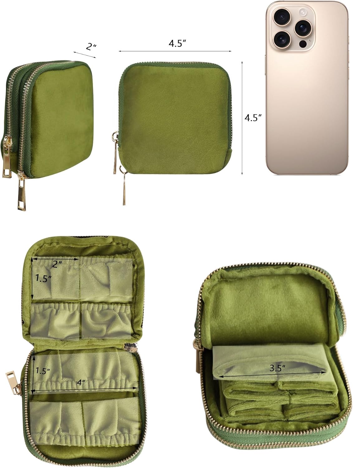 Stratalife Travel Jewelry Case Organizer 2-Layer Compact Storage Bag for Rings Earrings Necklace Bracelet Portable Velvet Jewelry Pouch with Zippers Accessories Travel Essential Gift for Women Green