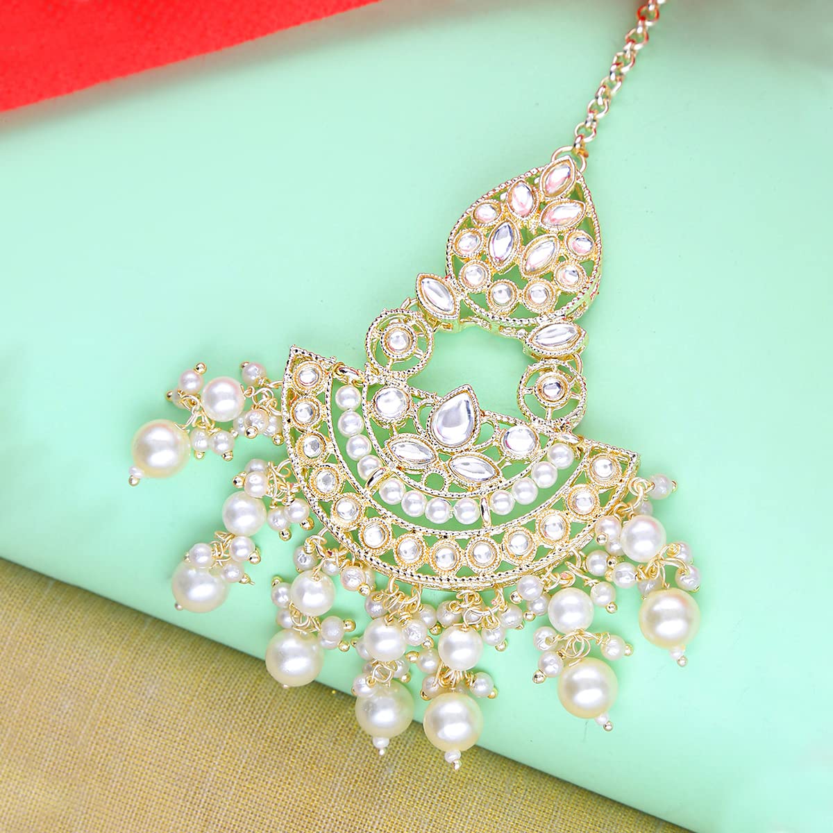 Plated Kundan Studded Beads Drop Maangtikka, Elegant Gift