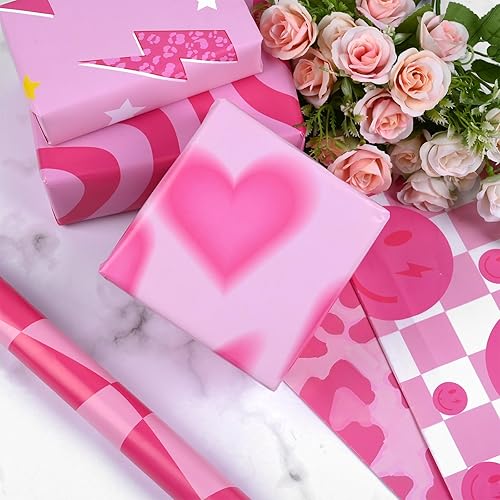 Miniatura 7 de Bolsome 12 hojas de papel de regalo temático preppy, papel de regalo con diseño de leopardo y mariposa sonriente rosa para principios de la década