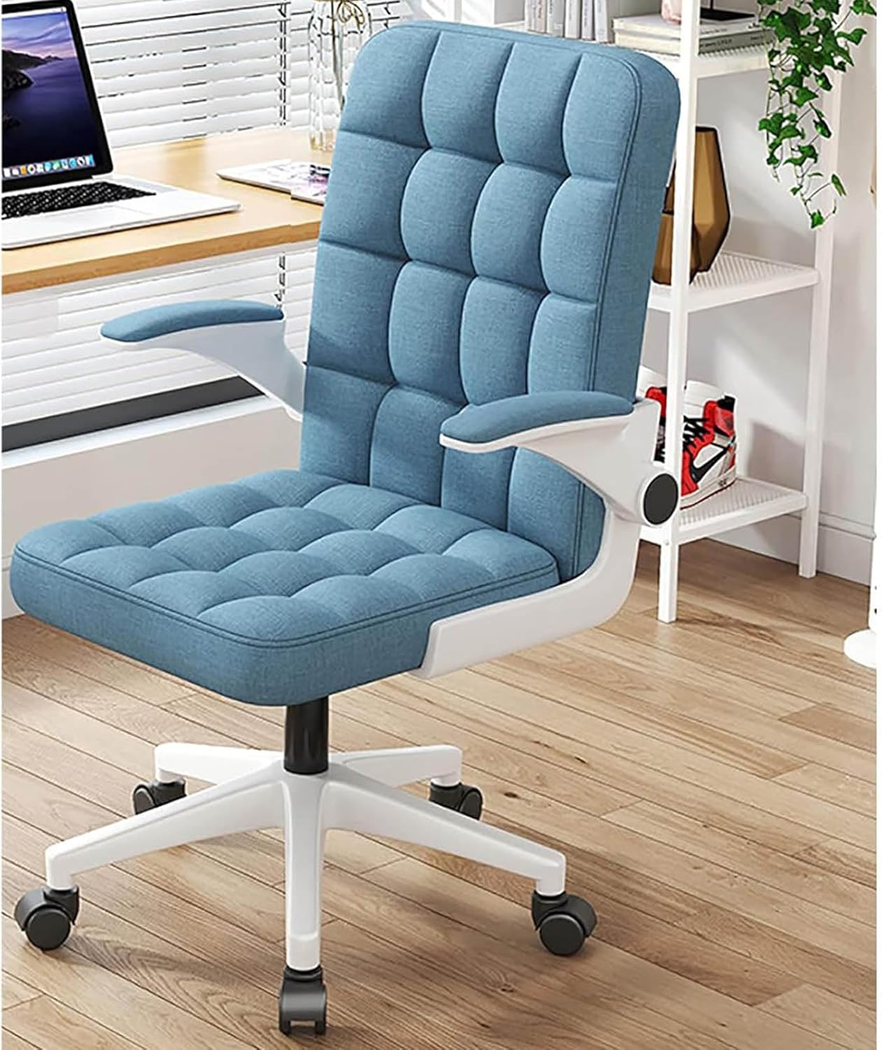 Ergonomic Computer Office Chair, Fabric Gaming Chair with Foldable Armrests and 360° Swivel Wheels, Height Adjustable Video Gamer Chair for Home Office and Makeup Room