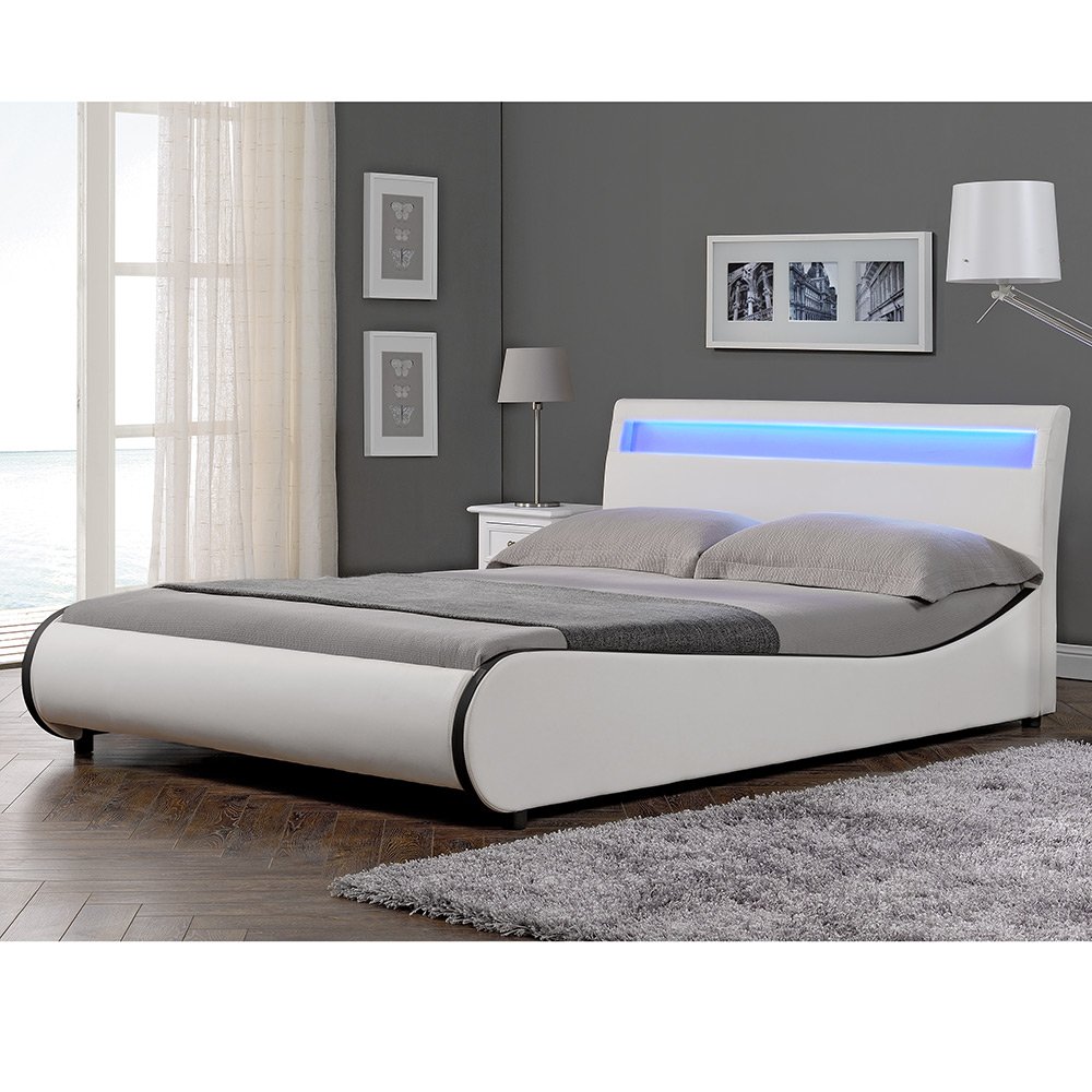 Corium Struttura Letto Imbottito a Testiera Alta con Illuminazione a LED e Telecomando Letto Francese 140x200 cm Bordi Curvi Rivestimento in Similpelle - Bianco