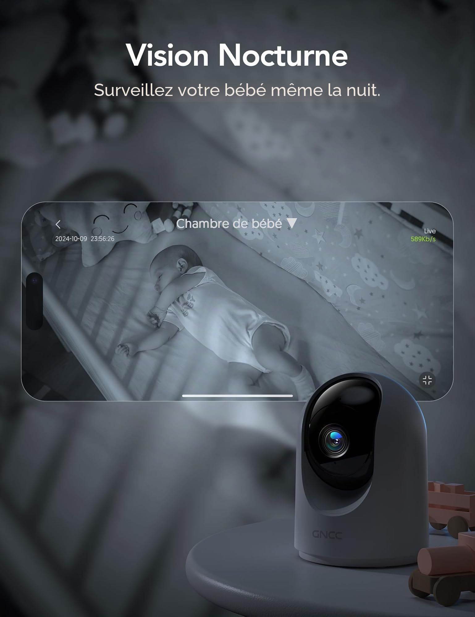GNCC 2K 3MP Caméra Surveillance WiFi Interieur 360° Caméra Connectée Smartphone pour Bébé/Animaux Détection IA Audio bidirectionnel Alertes APP 2,4GHz Compatible Alexa