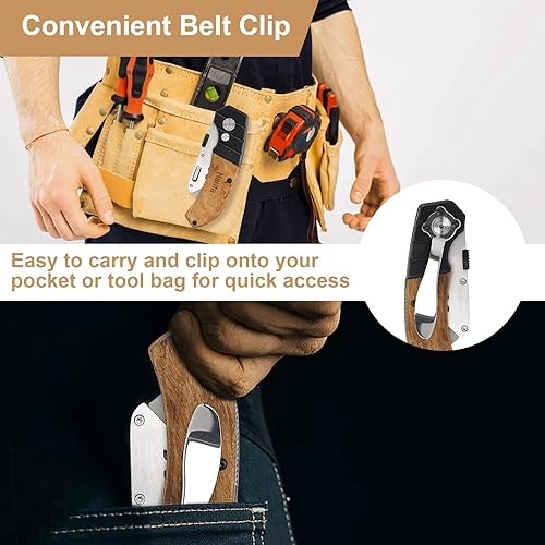 Miniatura 5 de Harita Cortador de caja de cuchillos utilitarios con clip para cinturón, paquete de 5 cuchillas rellenas adicionales y mango de madera, cortador