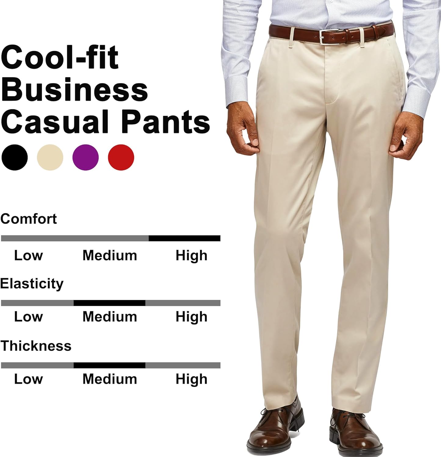 YUCENFU Men's Slim Fit Dress Pants Flat Front Stretch Waistband Business Casual Tapered Slacks for Work Khaki - Image 4