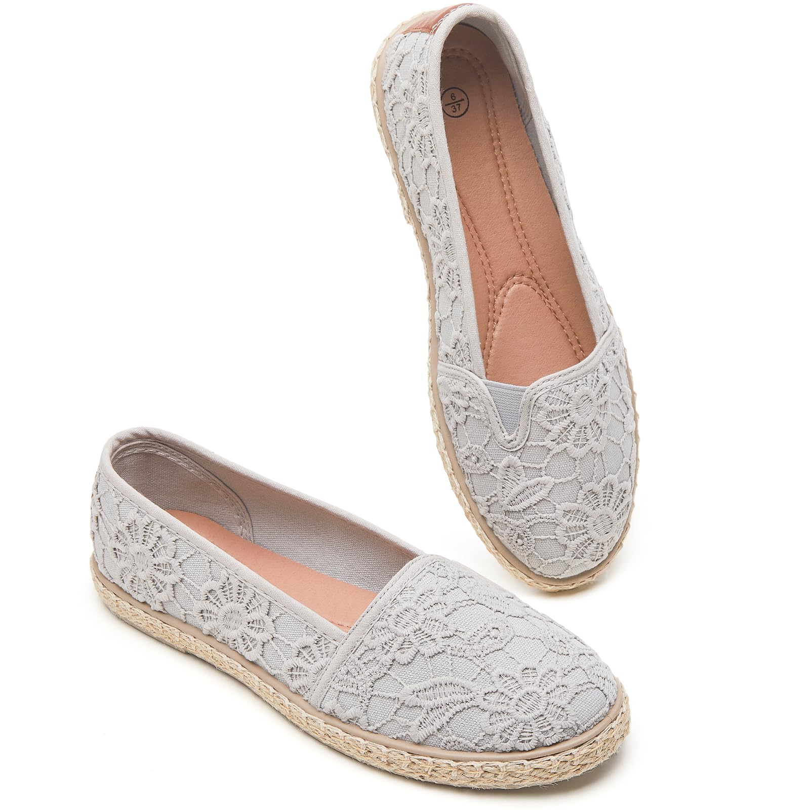 BABUDOG Women's Flats with Flower Embroideried,White Lace Ballet Flats,Comfortable Dress Flats