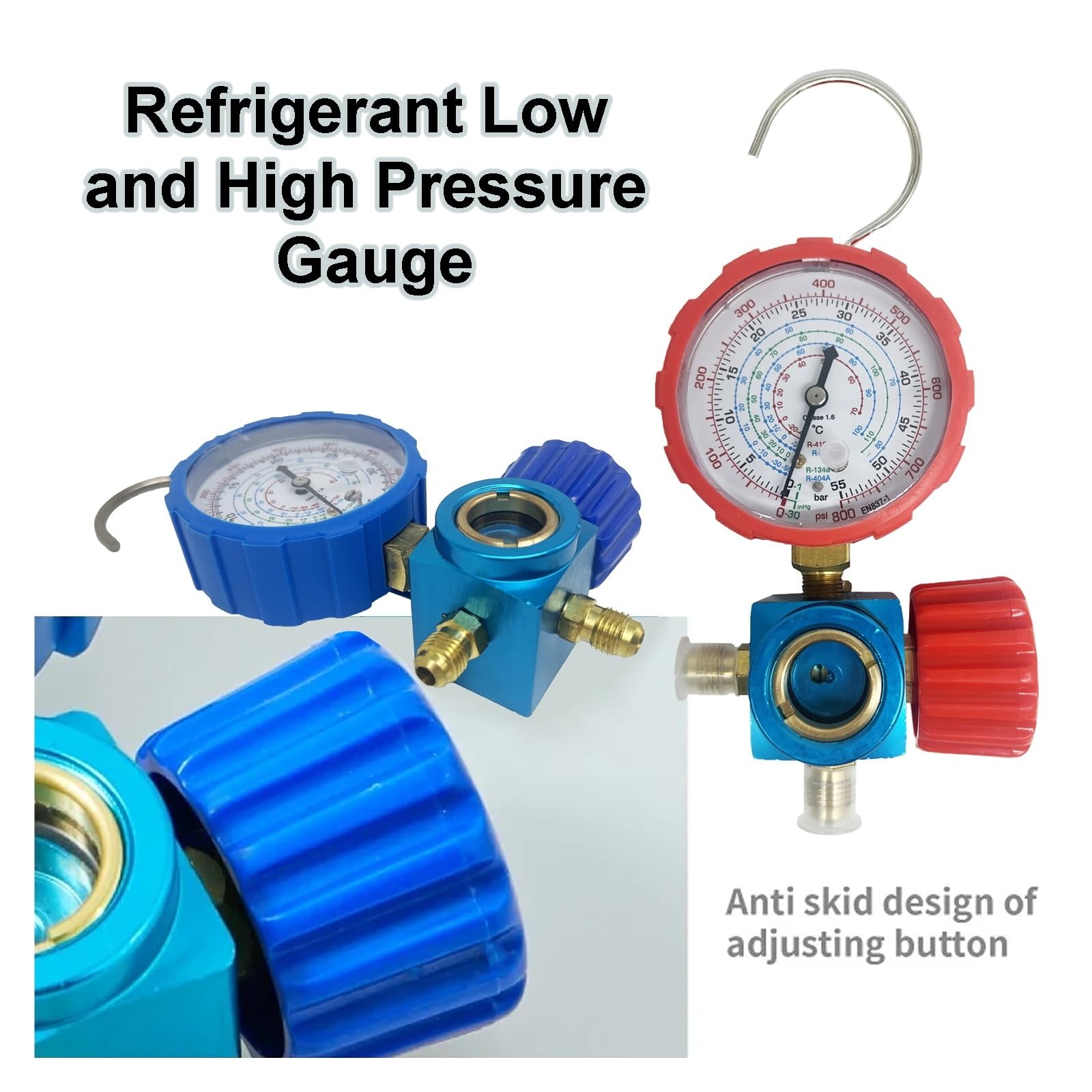 Manguera de Carga múltiple con manómetro y Mirilla for Herramienta de refrigeración A/C de Alta y Baja presión R22/R410A/R134A/R404A Detección en Tiempo Real(Low Plastic knob)
