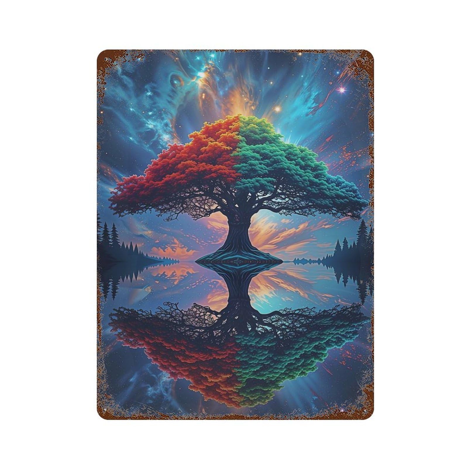 Rust Effect Cosmic Harmony Tree Landscape Vintage Rust Metal Sign 15.7"x11.8", Farmhouse Wall Decor for Basement, Hobby Room And Garage Decor