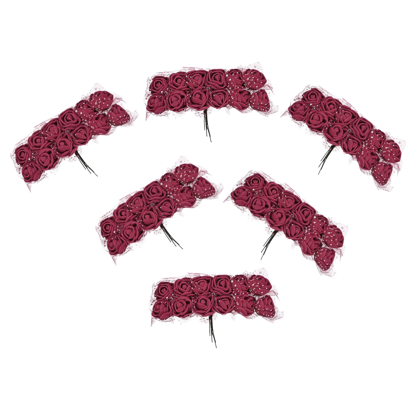 sourcing map 144 Pcs Mini Artificial Rose Flower Heads and Stem, Soft Stem Fake Roses Flowers with Gauze for Crafts DIY Wedding Bouquets, Hair Clips, Cake Toppers, Home Decorations, Dark Red — image 1