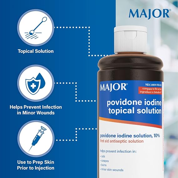 Major 10% Povidone-Iodine Liquid Topical Solution, USP - Topical Antiseptic for Cuts, Scrapes, Burns, and Minor Skin Wounds - 8 Fl. Oz.