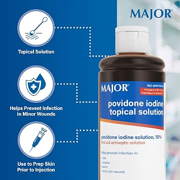 Major 10% Povidone-Iodine Liquid Topical Solution, USP - Topical Antiseptic for Cuts, Scrapes, Burns, and Minor Skin Wounds - 8 Fl. Oz.