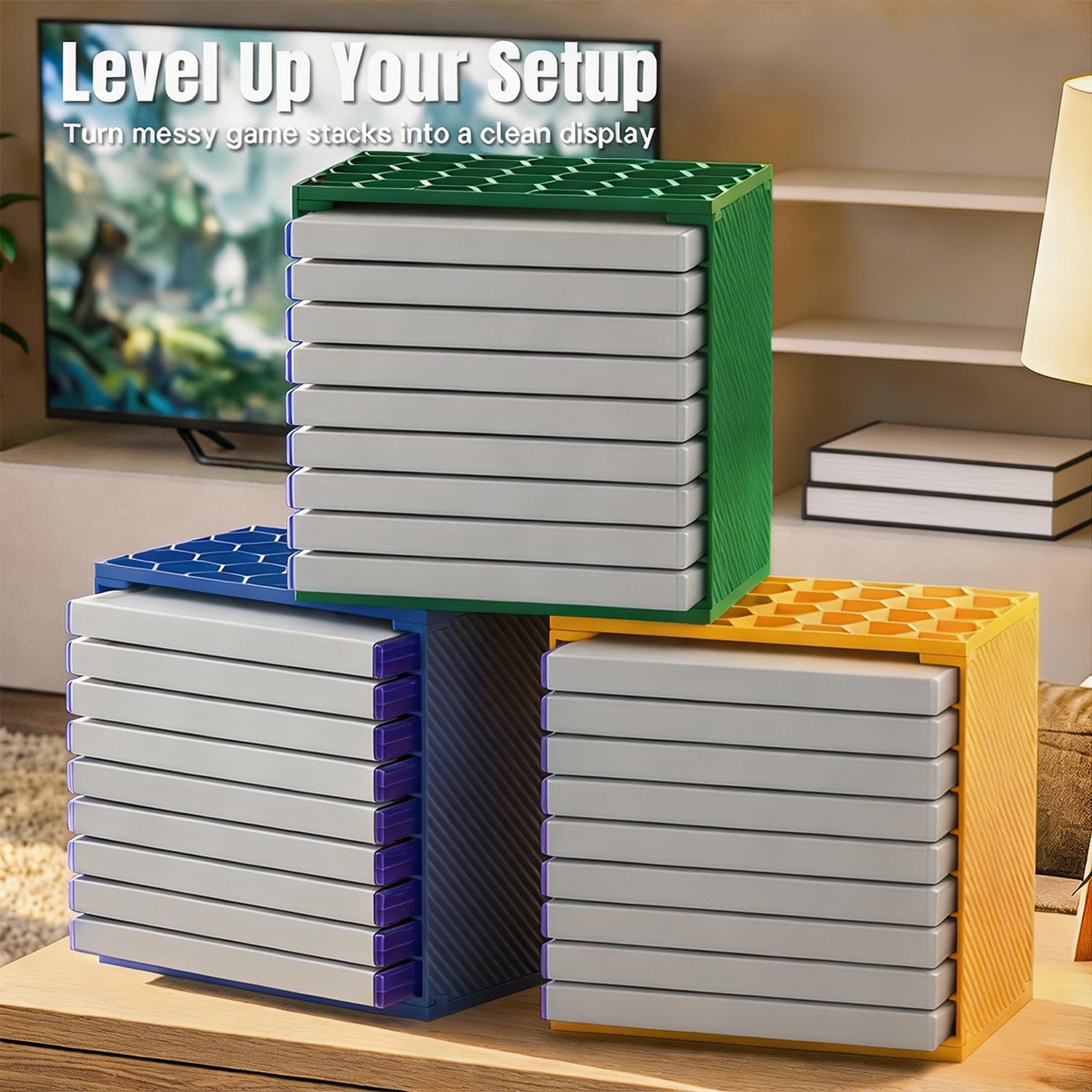 Game Disc Case Storage Rack, 3 Piece Stackable Set for 27 Cases, Open Front Vertical Display for P5 Gaming Setup and En