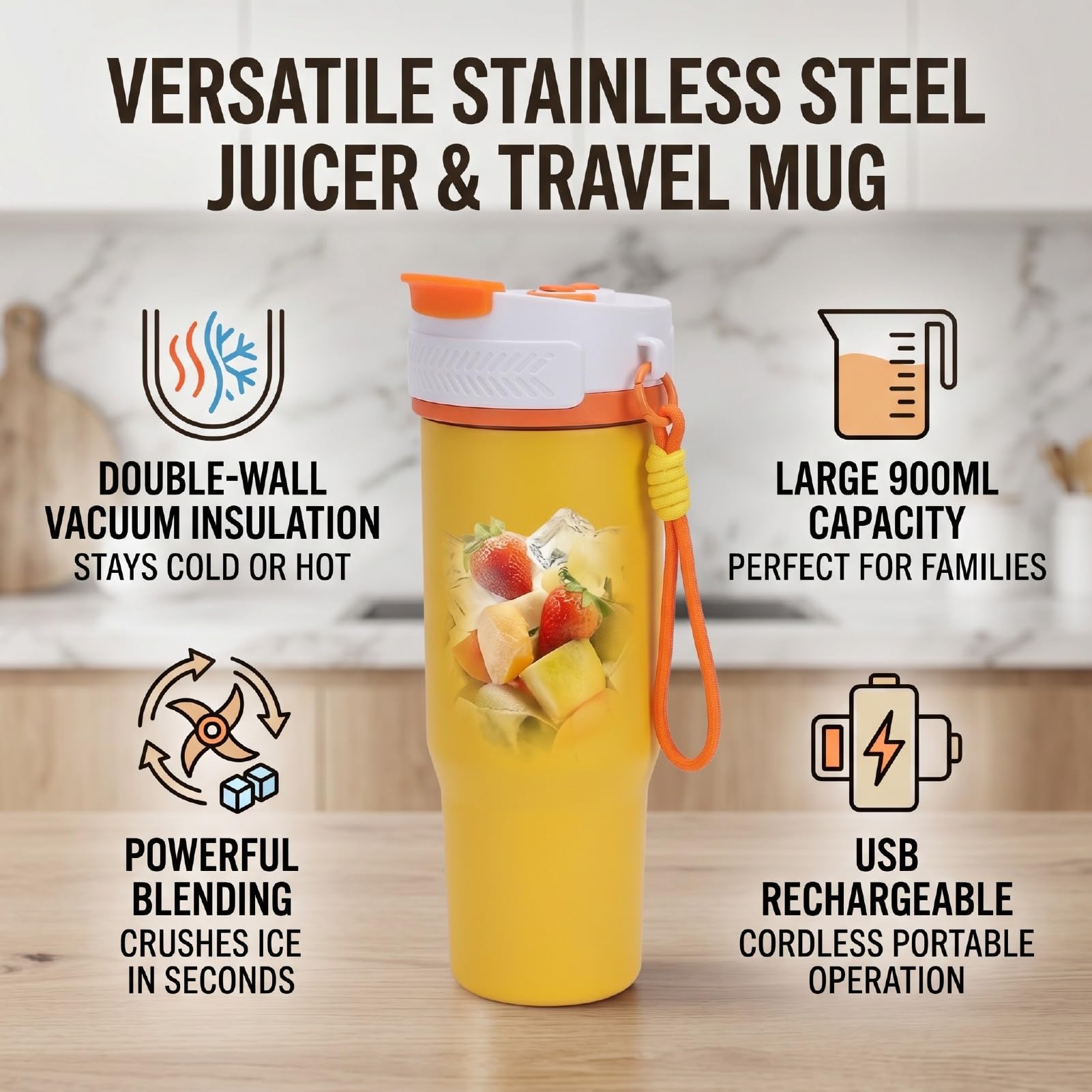 Karlak Edelstahl-Entsafter-Becher, Tragbarer USB-wiederaufladbarer Mixer für Smoothies, Shakes und Säfte, Outdoor-Reisen, 900 Ml