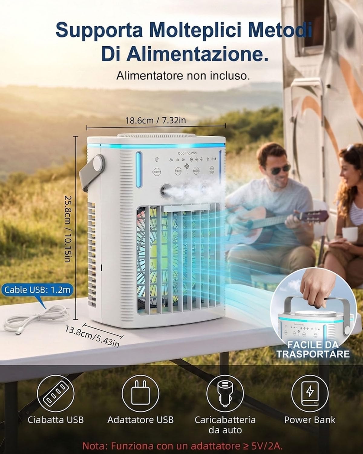 Condizionatore Portatile Silenzioso con Telecomando, Mini Raffreddatore d'Aria 4-in-1 con Serbatoio da 1000ml, Raffrescamento a 3 Ugelli per Camera da Letto e Ufficio, Timer 2-8H e 7 Colori LED
