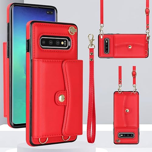 Asuwish Funda de teléfono para Samsung Galaxy S10 Plus con bloqueo RFID, tarjetero y correa cruzada de muñeca, correa cruzada de cuero, accesorios