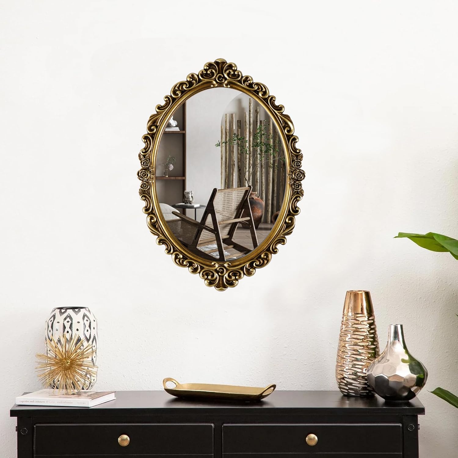 OIGUMR Medium Oval Wall Mirror Resin Frame Size：20.4 x 14.5 inch Vintage Hanging Mirrors for Bedroom Living-Room Dresser Decor Gold