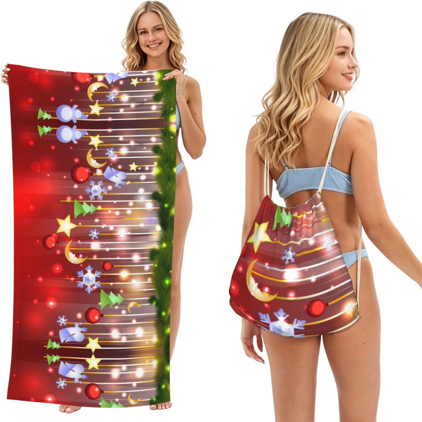 WSHFFILO Merry Christmas printed 2 in 1 Packable Towel Bag Bath Towel Beach Towel