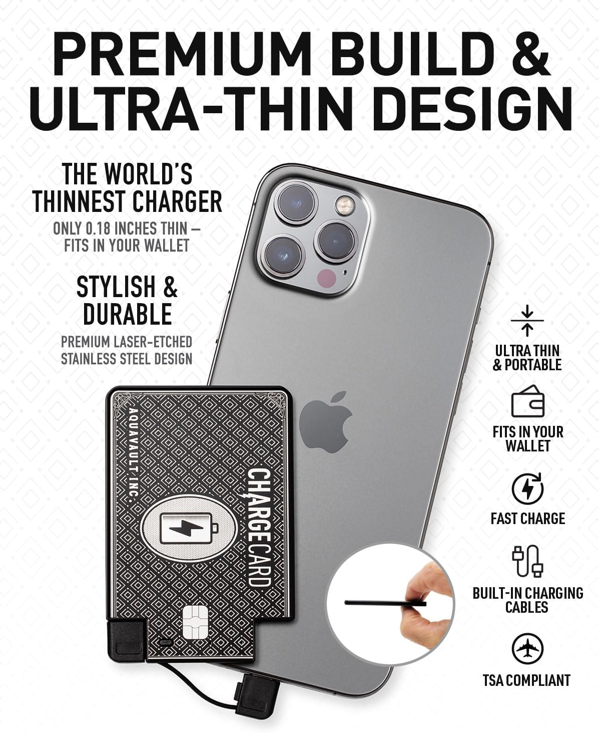 AquaVault ChargeCard – Ultra Slim Emergency Power Bank (2300mAh) – Fits in Wallet – USB-C & Micro-USB – Durable Steel Body – Flight-Safe for iPhone 12-17 & Android - Black - Image 3