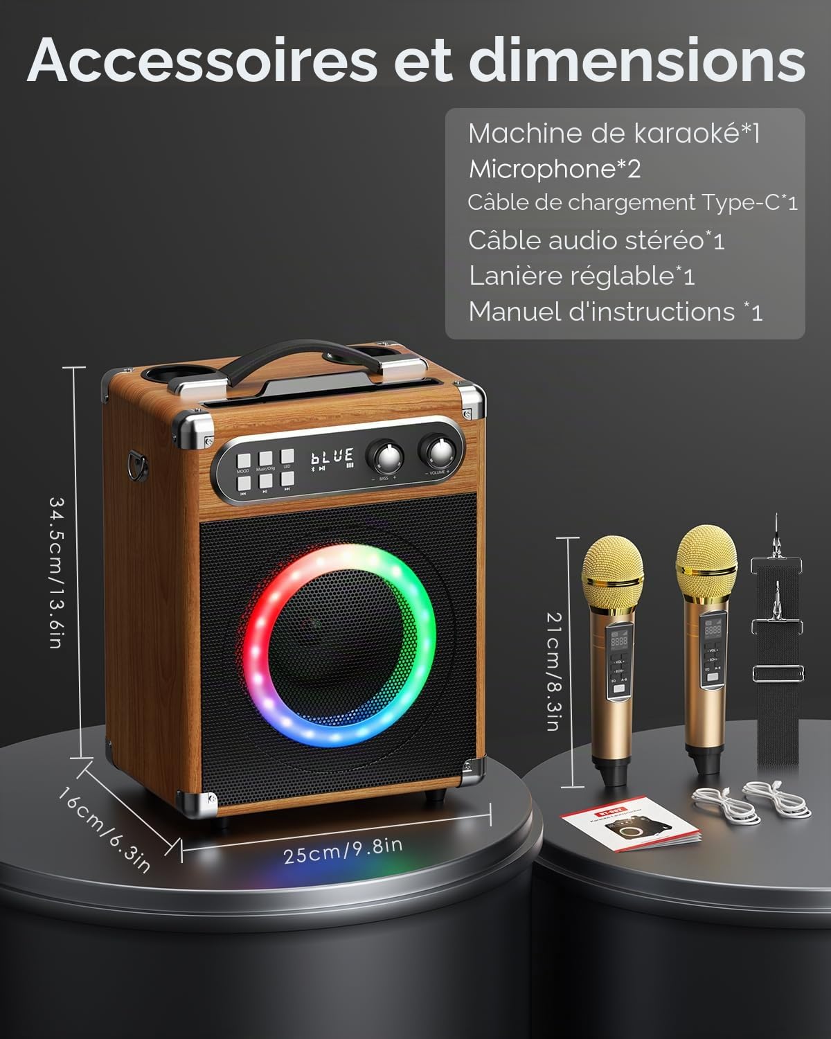 Machine de karaoké Portable, karaoké Professionnel avec 2 Microphones sans Fil UHF, système PA avec Lampe DJ, idéal pour karaoké Familial, fêtes de Chant, fêtes, Mariages (Bois)