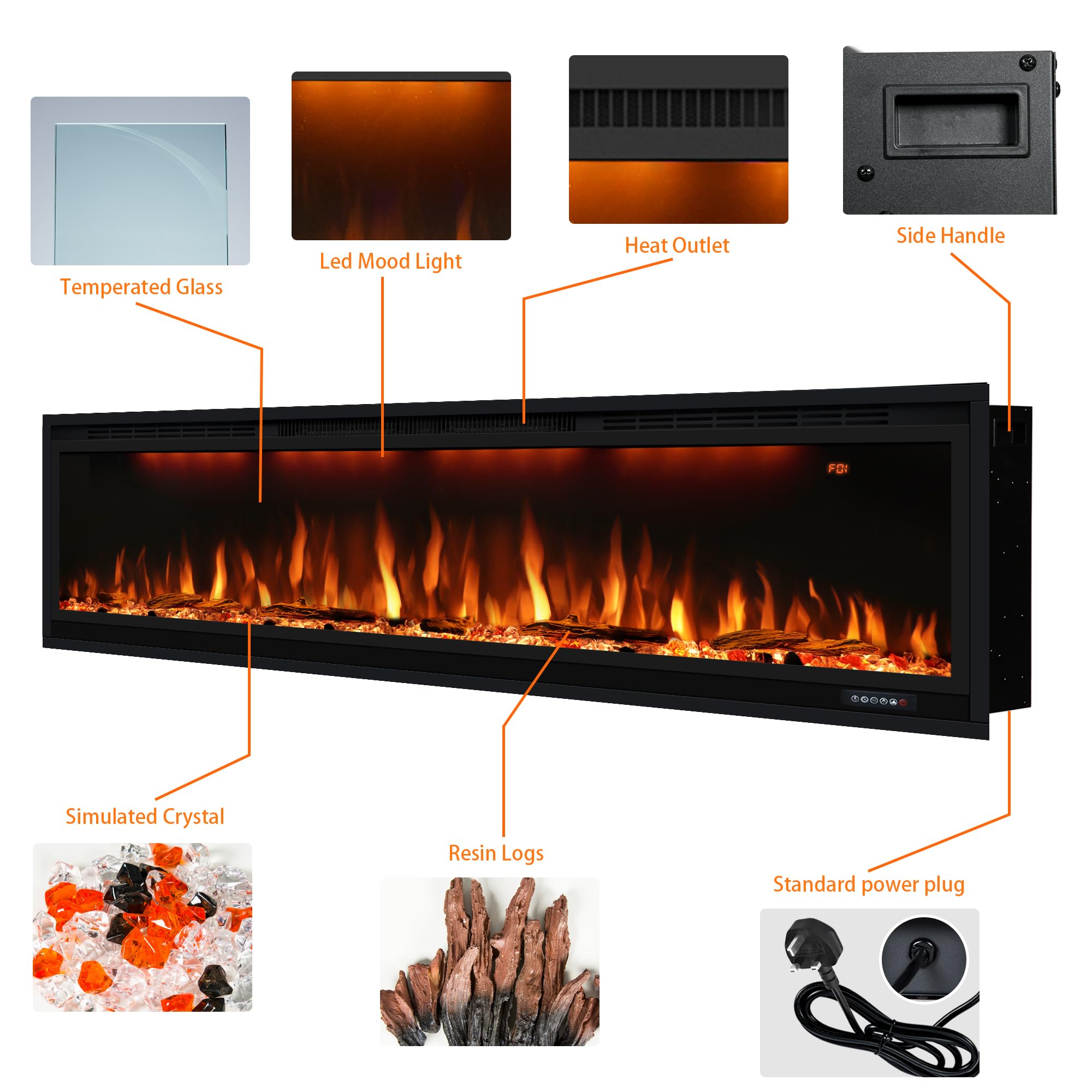 Elektrischer Kamin, schmaler Einbaukamin mit Fernbedienung, mehrfarbige Flammeneffekte mit realistischen Holzscheiten, Thermostat mit Timer, 750/1500 W, Schwarz