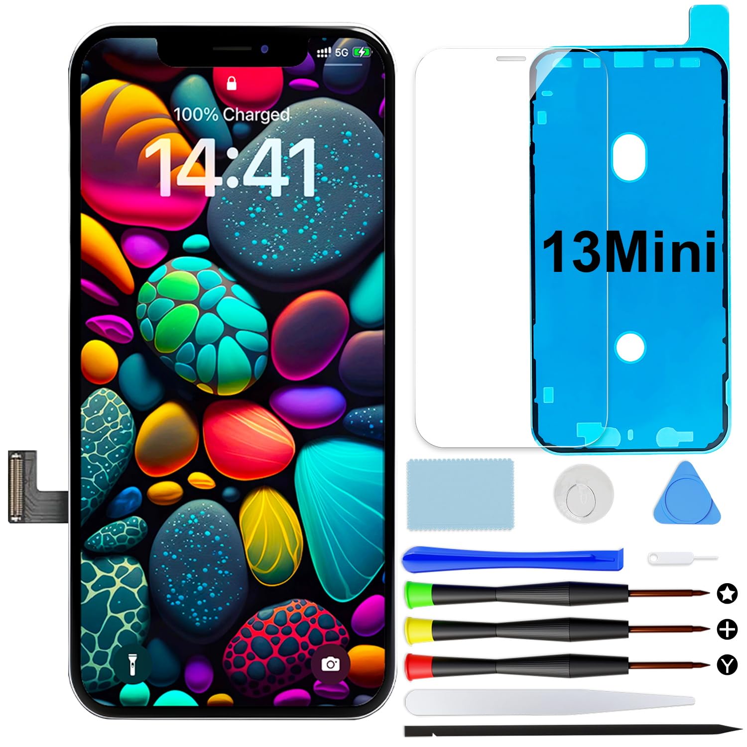 Pantalla para iPhone 13 Mini Reemplazo, 5,4 Pulgadas Display Haptic Touch LCD Full HD Digitalizador con Herramienta de Reparación y Protector de Pantalla