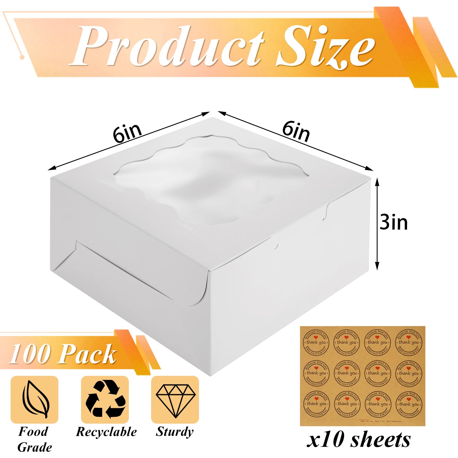 YAYODS Confezione da 100 scatole per biscotti da 15,2 x 15,2 x 7,6 cm, con finestra, scatole bianche con adesivi, per dessert, pasticceria, ciambelle, cupcake singoli, prodotti da forno