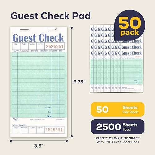 Miniatura 34 de FMP Brands Libros de cheques de invitados para servidores, papel de bloc de notas de servidor, total de 500 hojas (10 blocs), azul con recibo